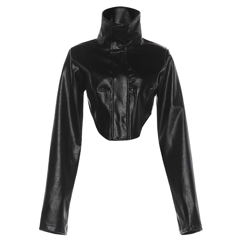 Veste Courte Sans Manches Col Montant PU Cuir — Noir & Marron
