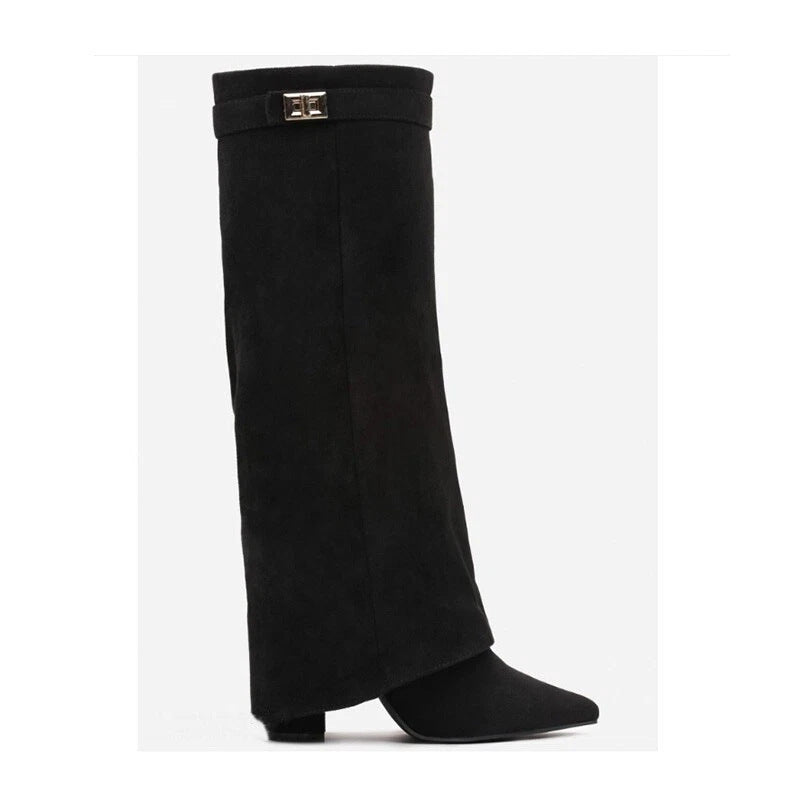 Bottes Mi-Mollet Talon Bloc Bout Pointu – Simili Cuir & Daim Style Cavalière