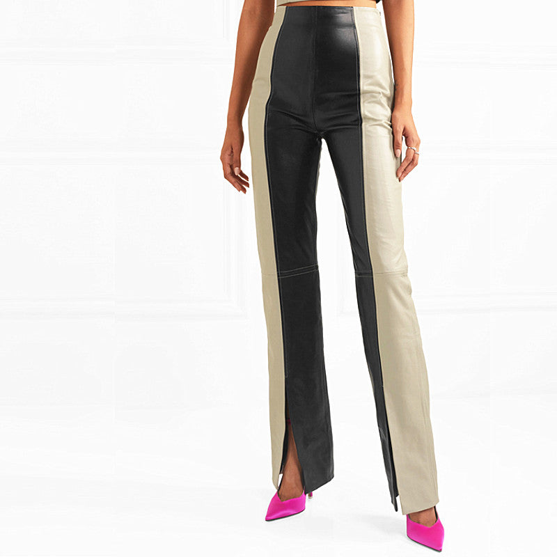 Pantalon Patchwork Deux Tons en Similicuir – Coupe Slim & Allure Éditoriale