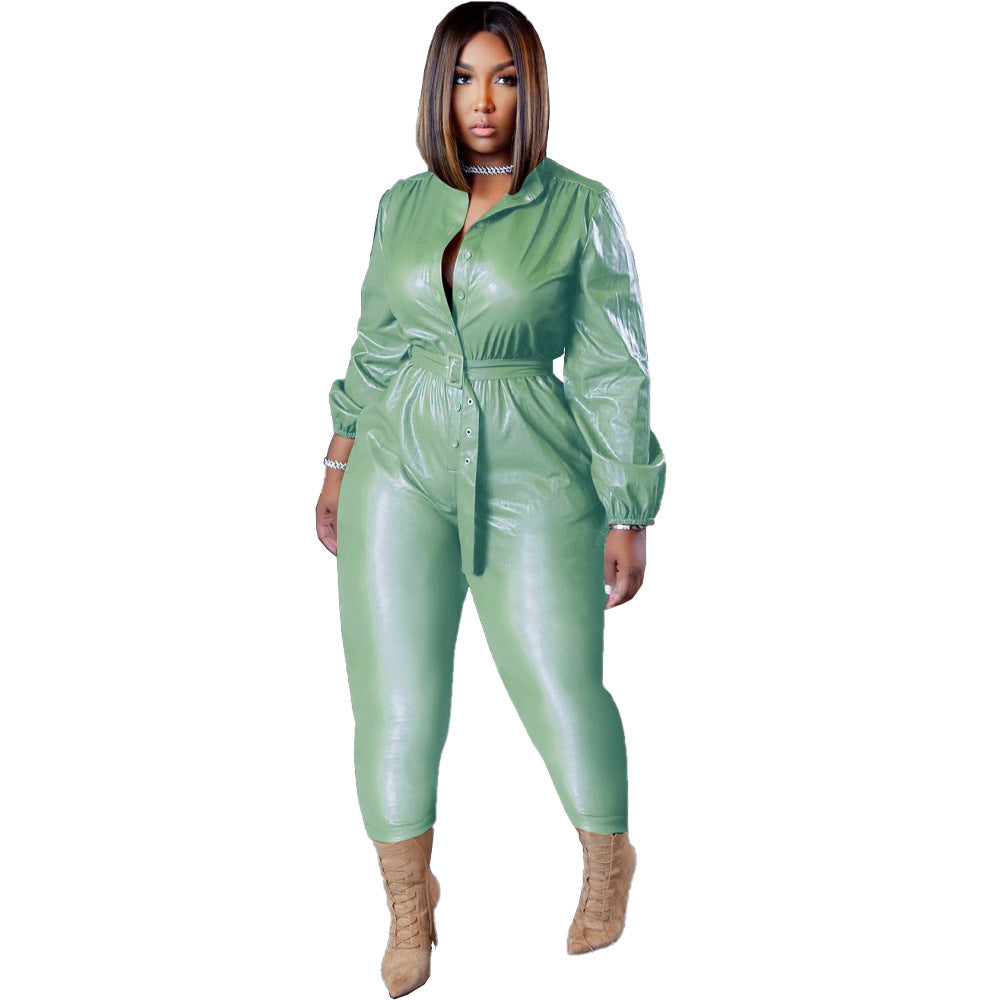 Combinaison Faux Cuir – Boutons, Ceinture & Style Casual-Chic