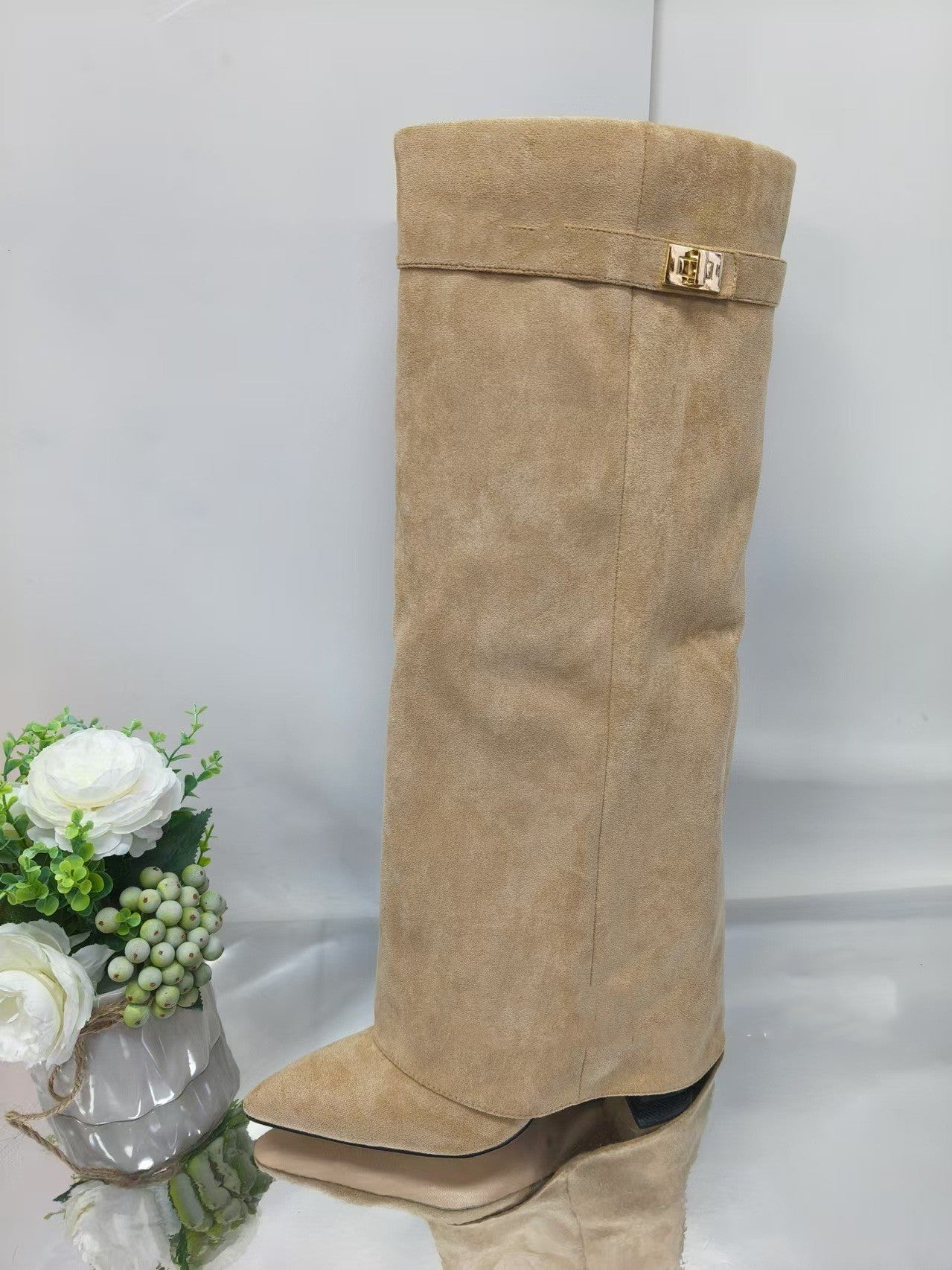Bottes Mi-Mollet Talon Bloc Bout Pointu – Simili Cuir & Daim Style Cavalière