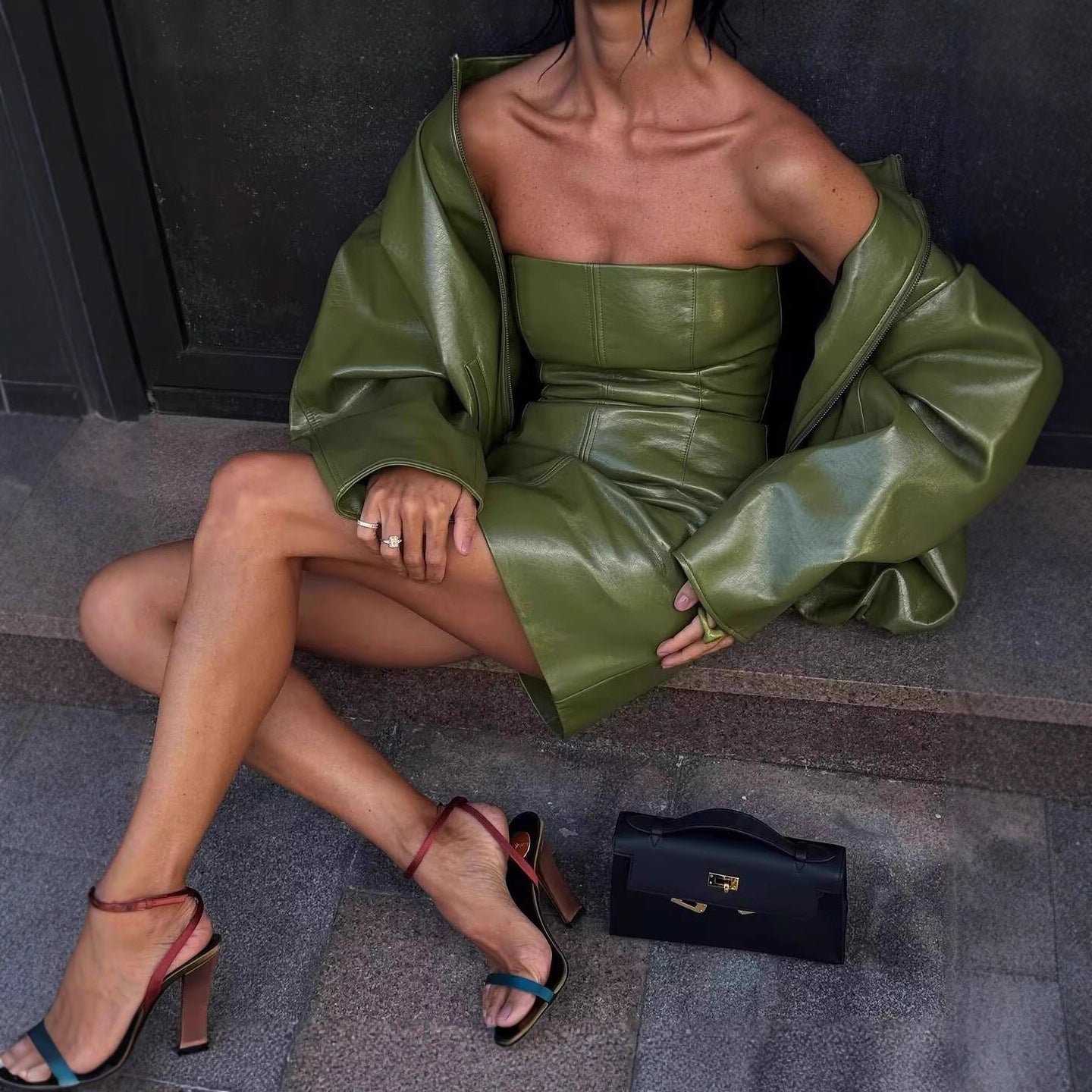 Ensemble Veste & Robe Sans Bretelles Rétro – PU Cuir Style Streetwear