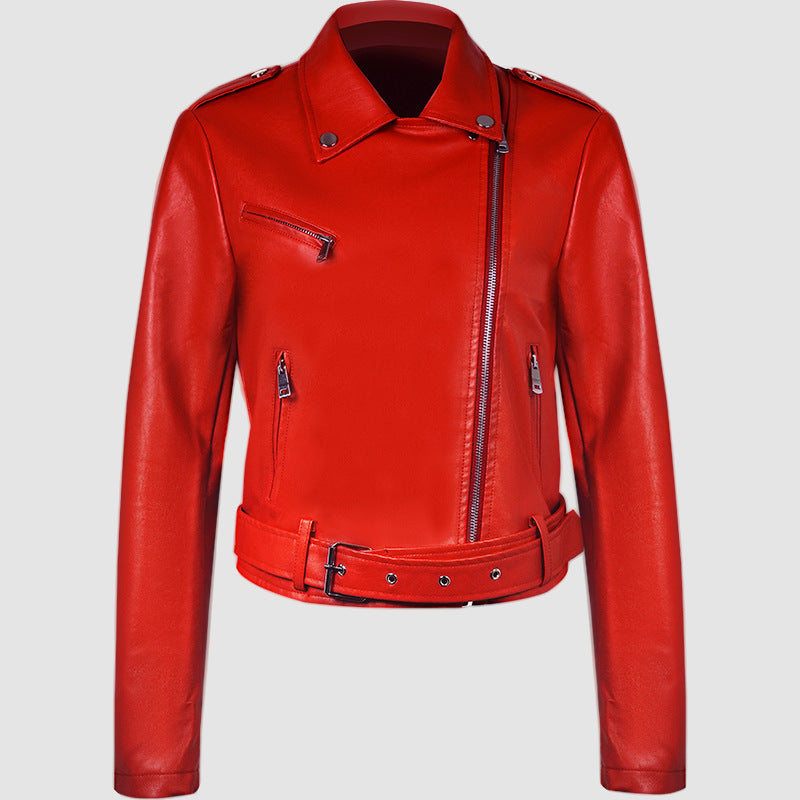 Veste Moto PU Cuir Courte — Ceinture & Col Revers Structuré