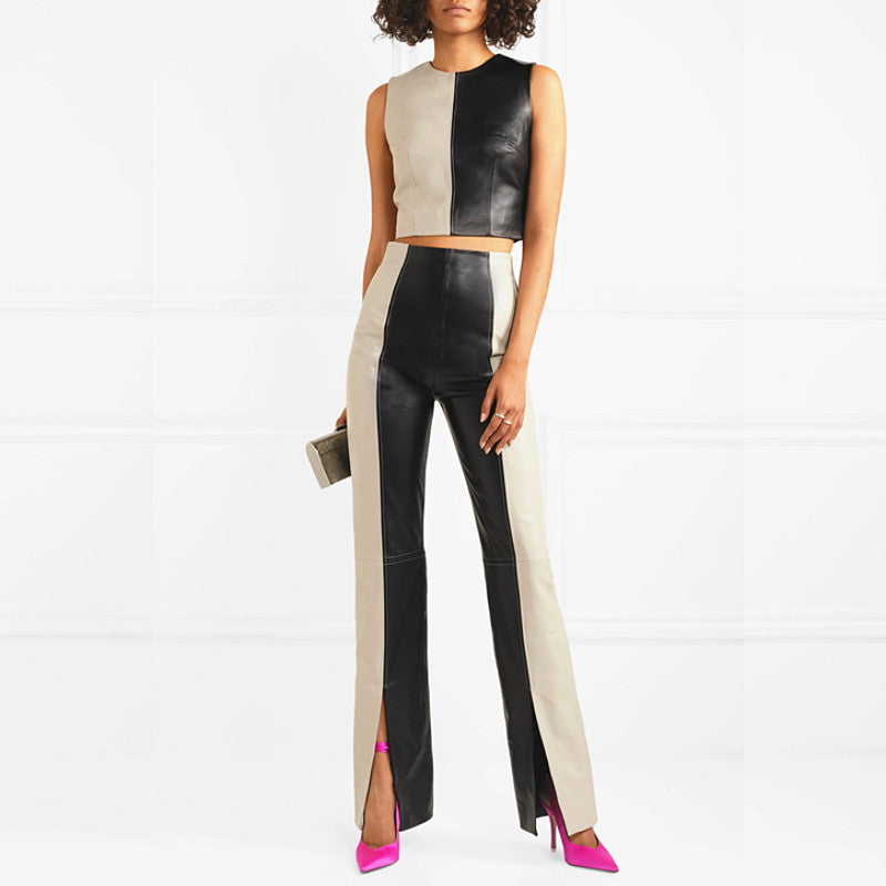 Pantalon Patchwork Deux Tons en Similicuir – Coupe Slim & Allure Éditoriale
