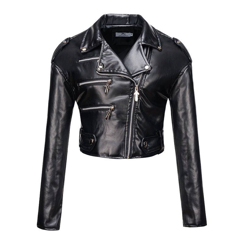 Top Simili Cuir Taille Haute – Manches Longues & Fleurs Crochetées