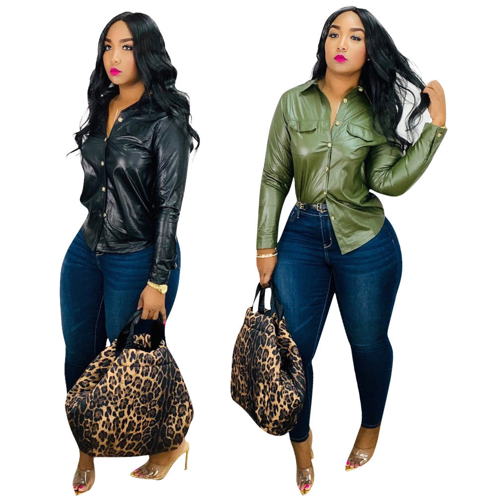 Top Chemise PU Cuir Manches Longues — Coupe Ajustée & Finition Brillante