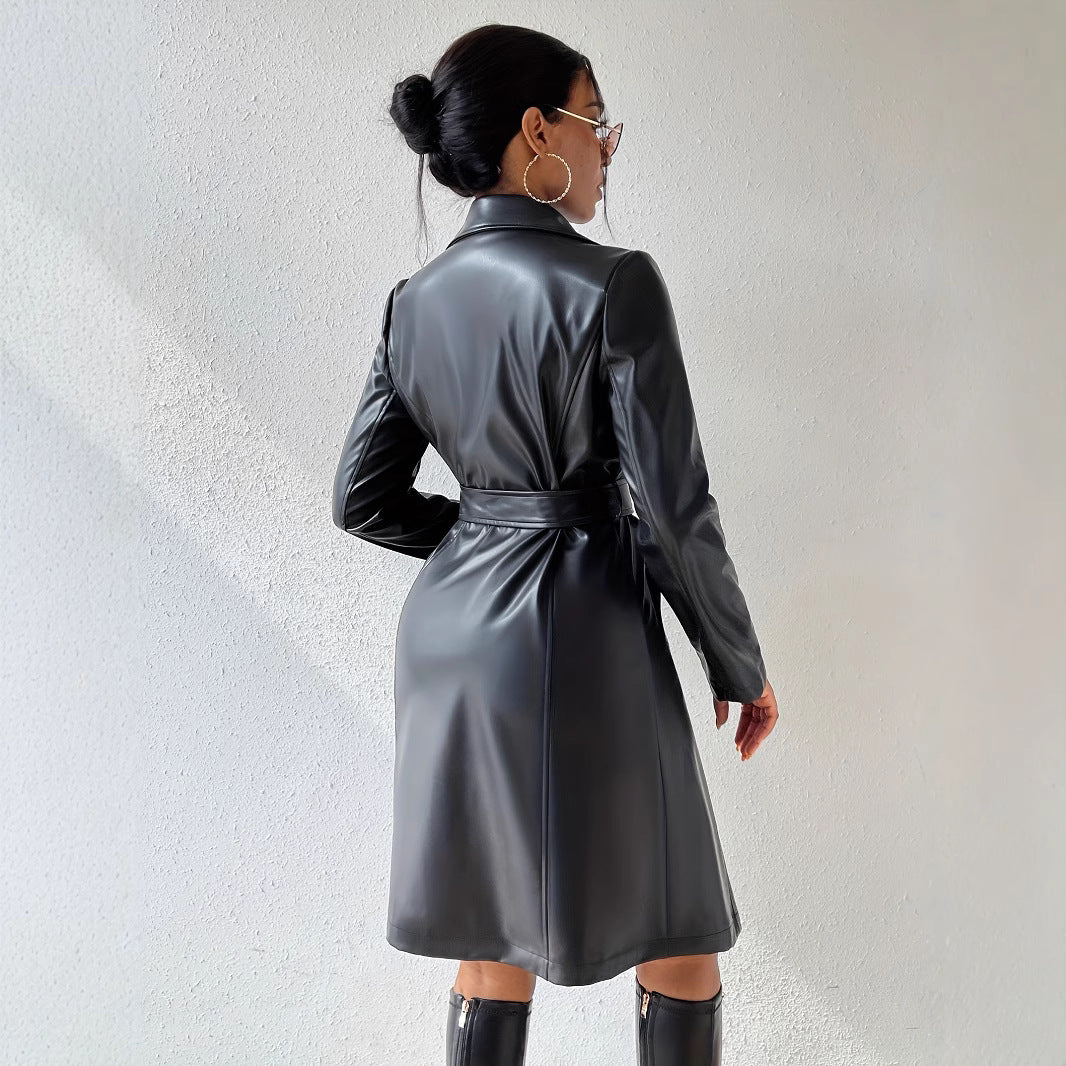 Trench Long PU Cuir Manches Longues — Slim-fit & Silhouette Longline
