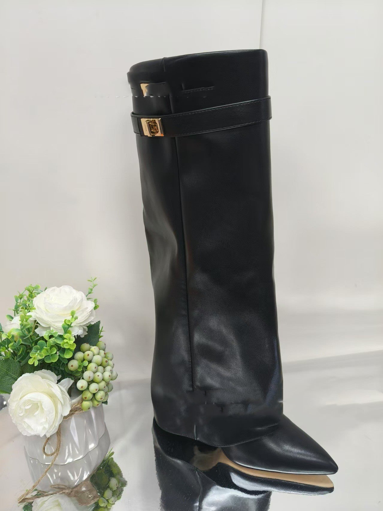 Bottes Mi-Mollet Talon Bloc Bout Pointu – Simili Cuir & Daim Style Cavalière