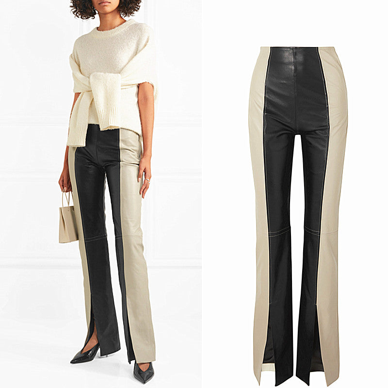 Pantalon Patchwork Deux Tons en Similicuir – Coupe Slim & Allure Éditoriale