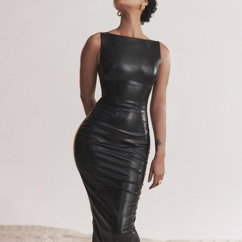 Robe Longue PU Cuir Asymétrique — Style Punk Dark