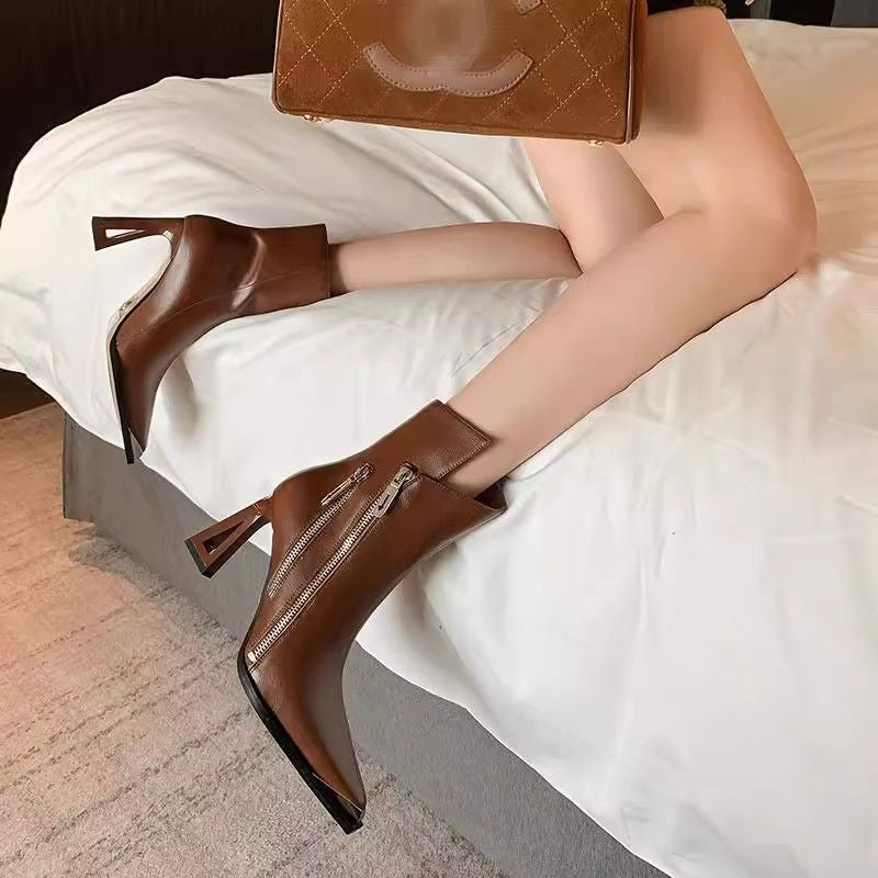 Boots Chunky Heel Zip Latéral — Bout Pointu