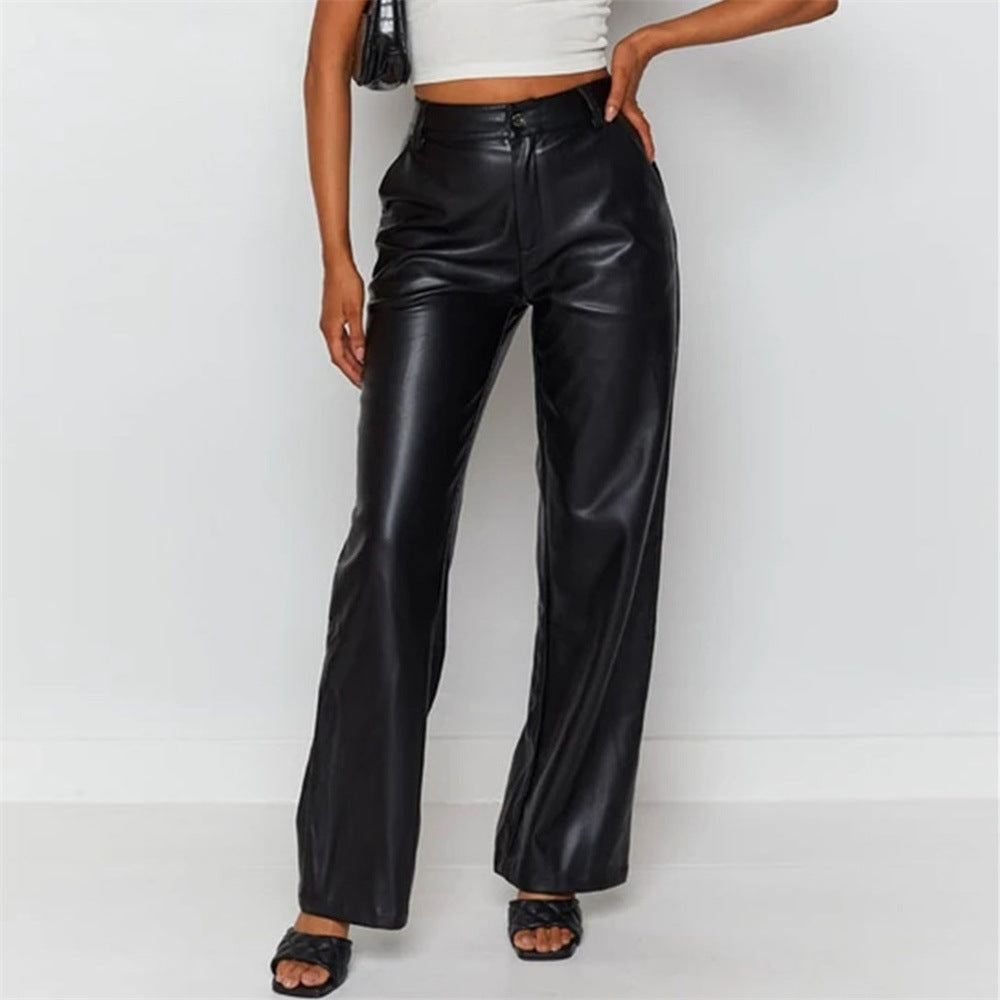 Pantalon Large Taille Haute en Similicuir – Coupe Wide-Leg Casual