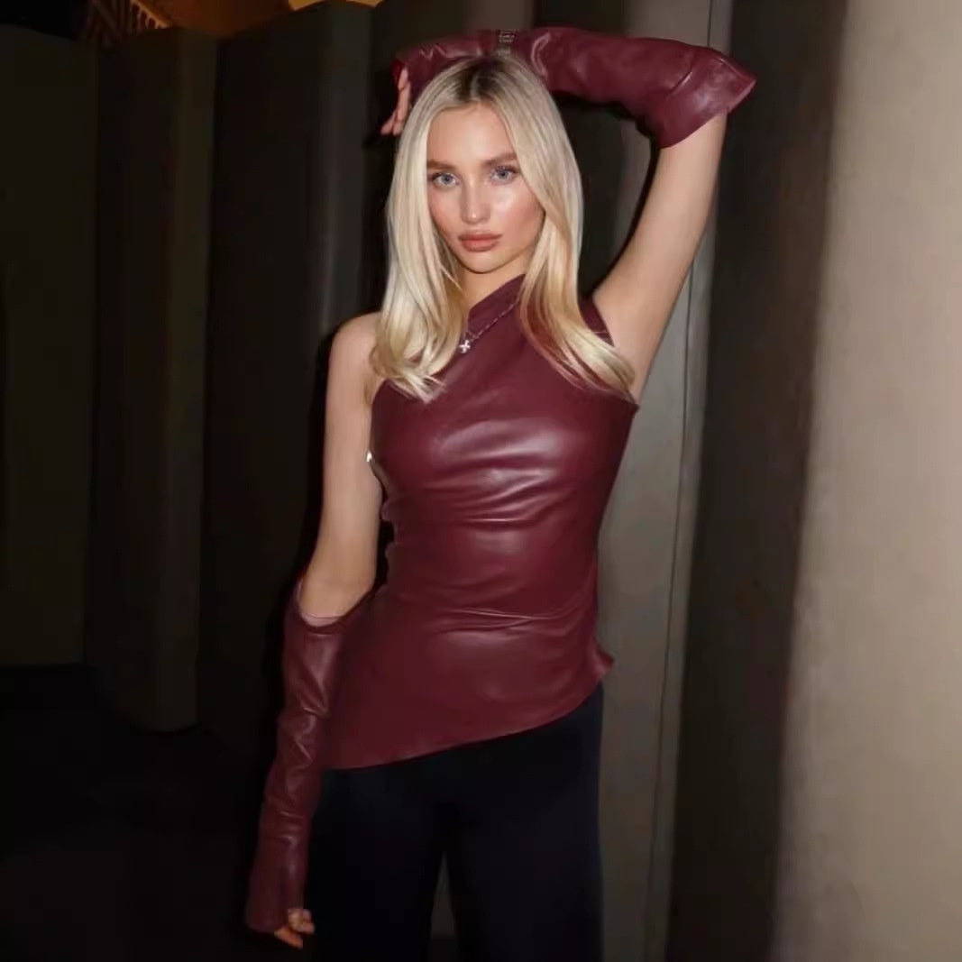 Ensemble Gilet Sans Manches & Manchettes en Simili Cuir