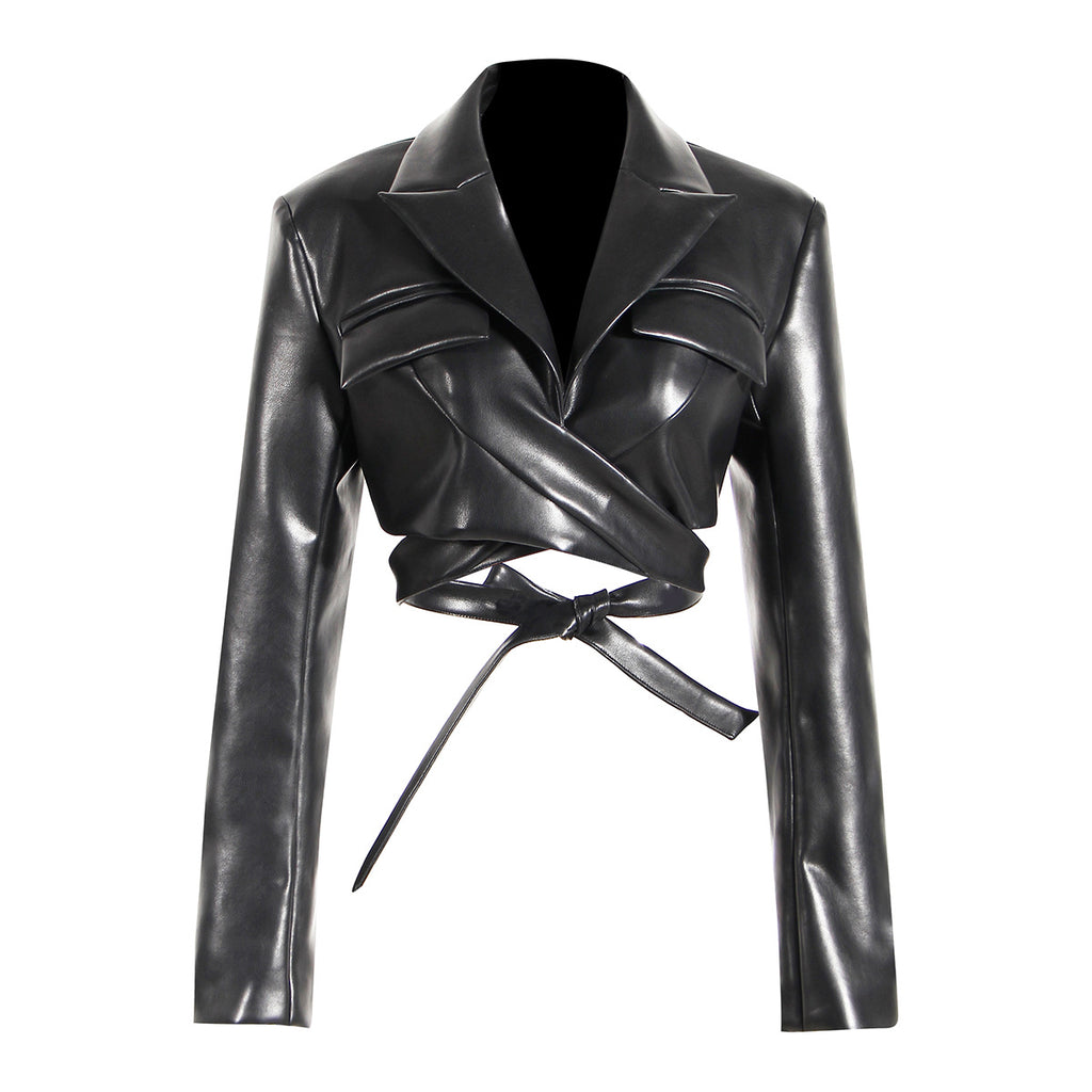 Manteau Court PU Cuir — Laçage Croisé & Ouverture Totale