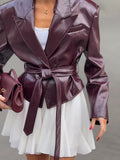 Manteau Simili Cuir Grain Litchi Slim – Ceinture & Col Revers Femme