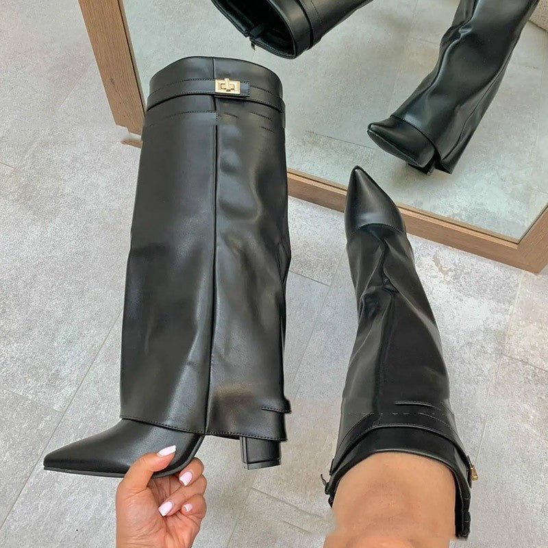 Bottes Mi-Mollet Talon Bloc Bout Pointu – Simili Cuir & Daim Style Cavalière
