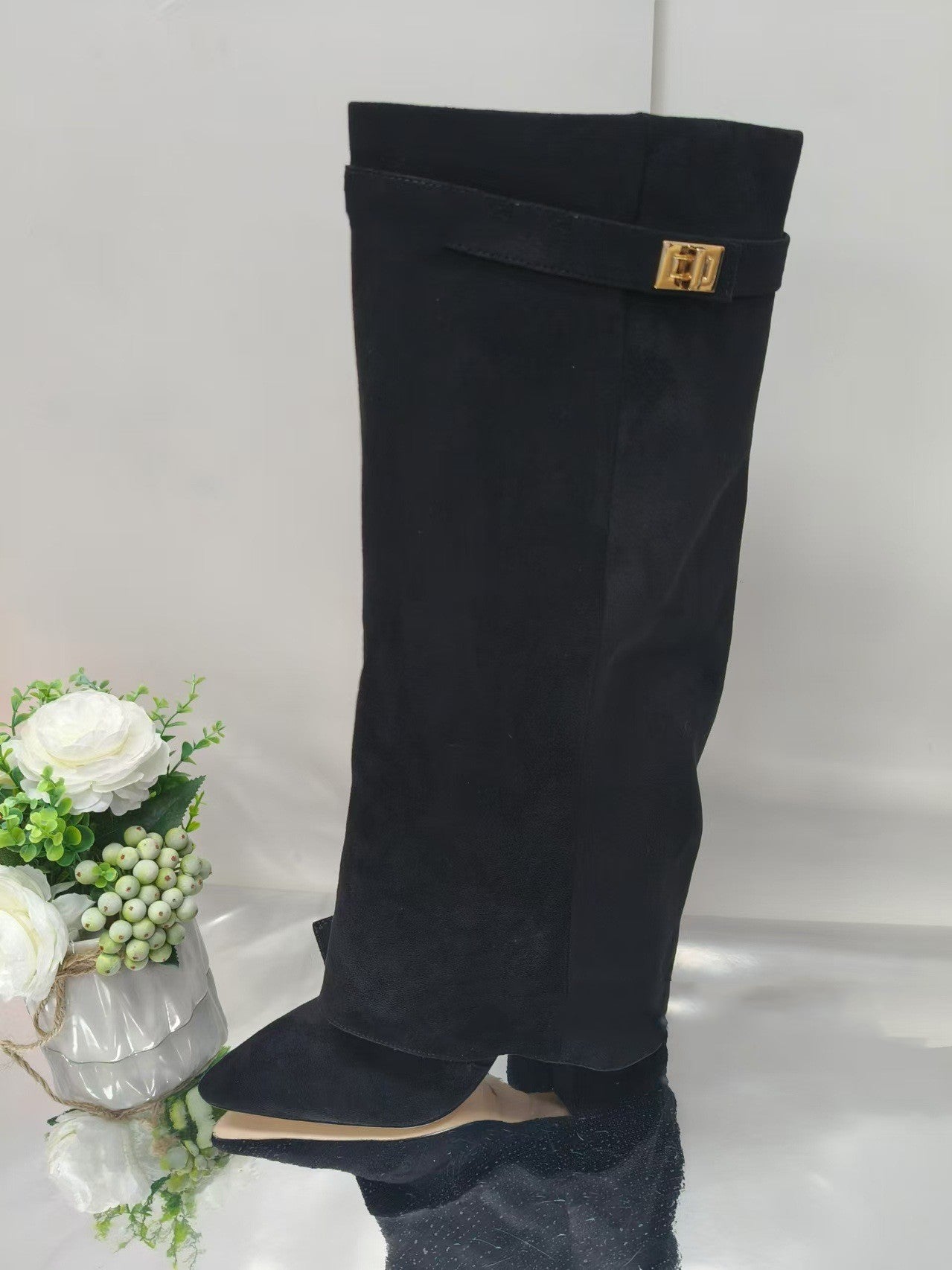 Bottes Mi-Mollet Talon Bloc Bout Pointu – Simili Cuir & Daim Style Cavalière