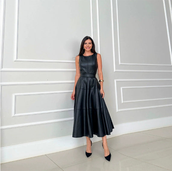 Robe Simili Cuir Sans Manches – Coupe Loose Fermeture Zip