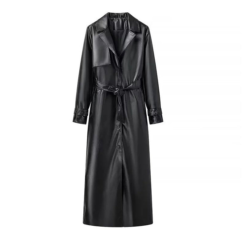 Long Trench PU Cuir Femme — Noir & Rouge Bordeaux