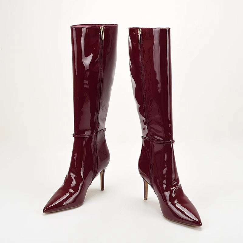 Cuissardes Cuir Verni — Boucle Ceinture & Talon Stiletto Imperméable