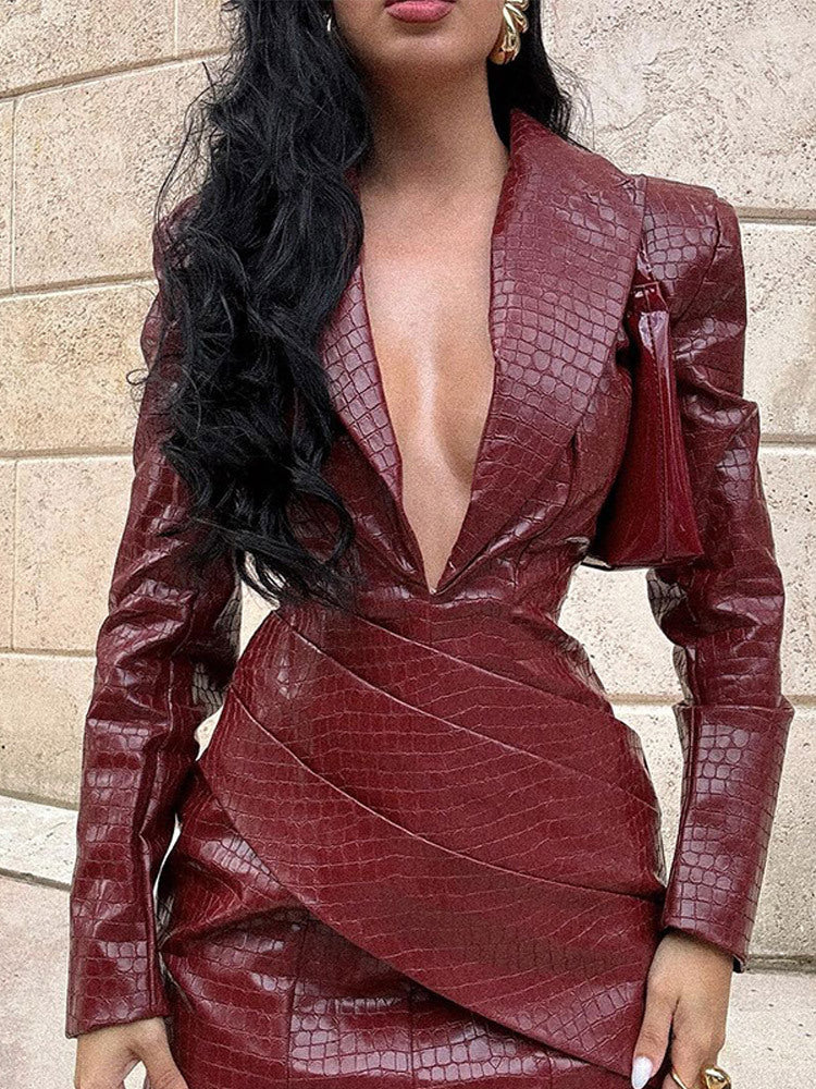 Robe Simili Cuir Taille Haute Manches Longues – Coupe Moulante Sexy Femme