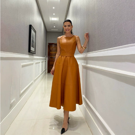 Robe Simili Cuir Sans Manches – Coupe Loose Fermeture Zip