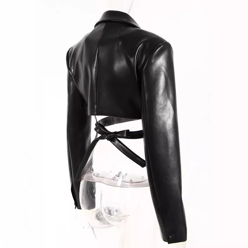 Manteau Court PU Cuir — Laçage Croisé & Ouverture Totale