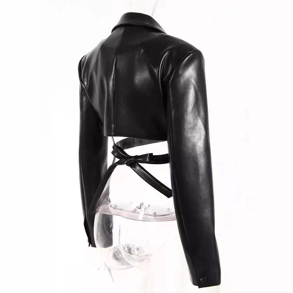 Manteau Court PU Cuir — Laçage Croisé & Ouverture Totale