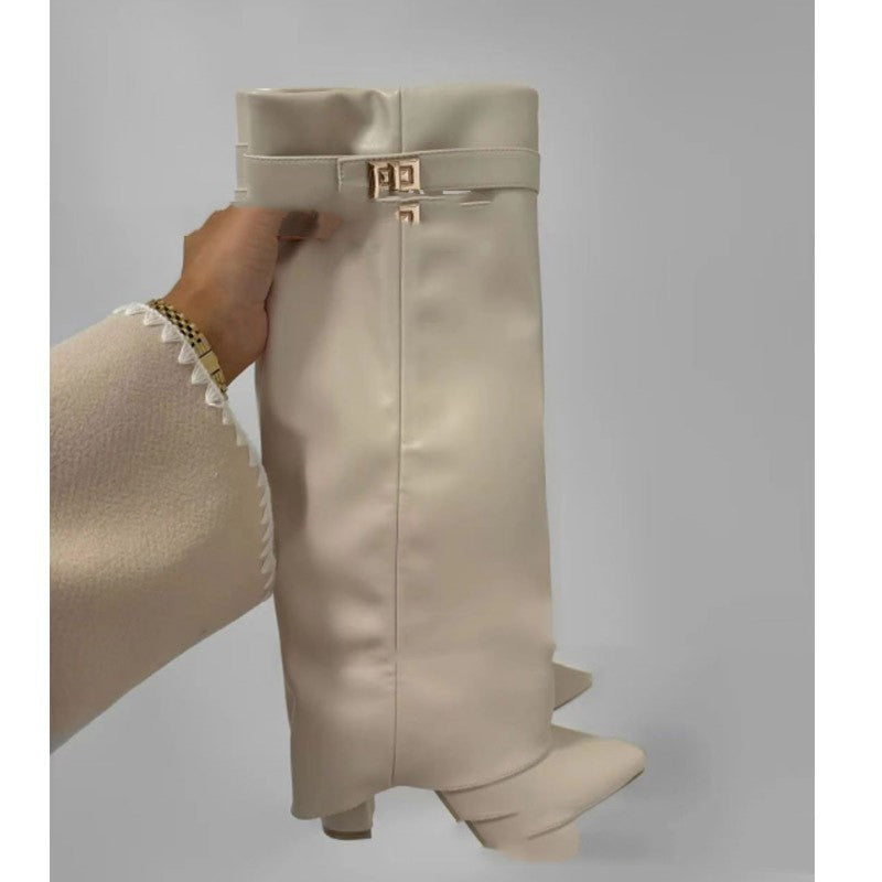 Bottes Mi-Mollet Talon Bloc Bout Pointu – Simili Cuir & Daim Style Cavalière