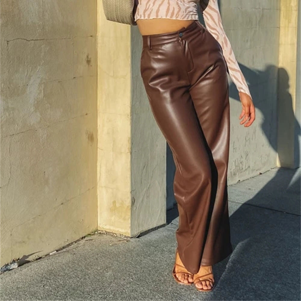 Pantalon Large Taille Haute en Similicuir – Coupe Wide-Leg Casual