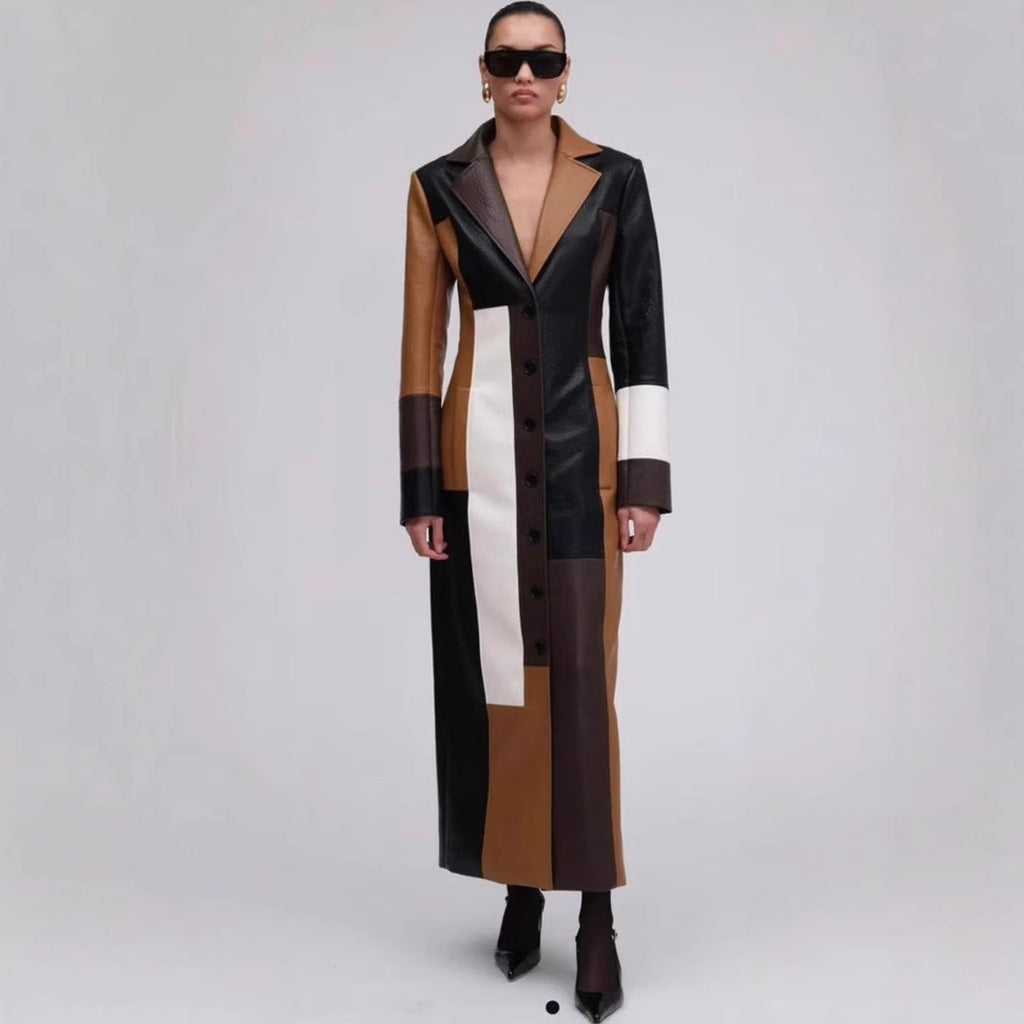 Robe A-Line Similicuir Col V – Manches Longues & Taille Élastique