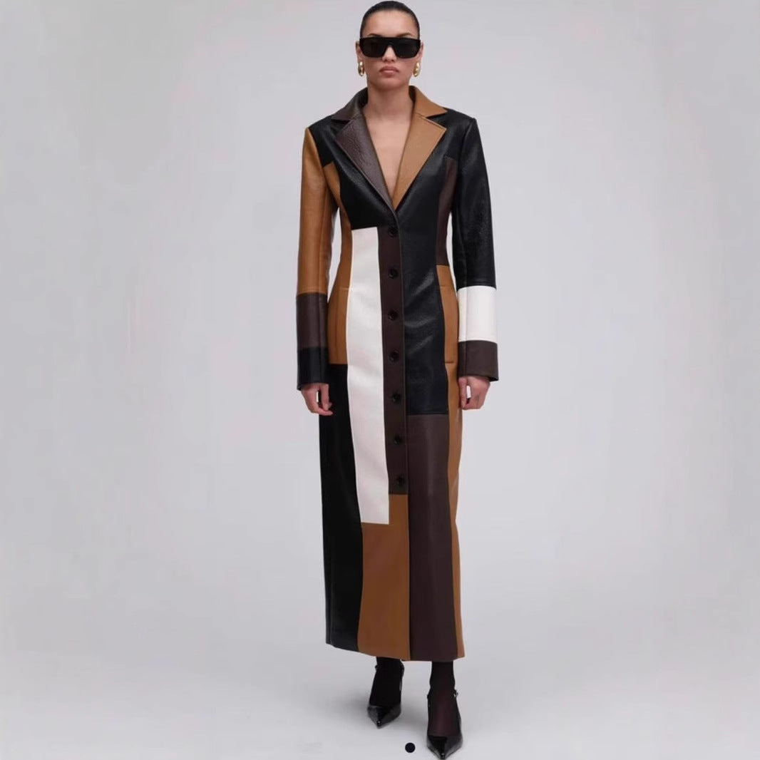 Robe A-Line Similicuir Col V – Manches Longues & Taille Élastique