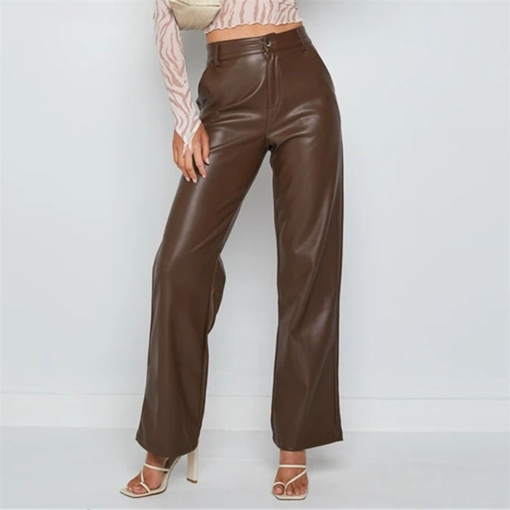 Pantalon Large Taille Haute en Similicuir – Coupe Wide-Leg Casual