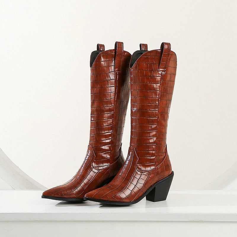 Bottes Cavalières Talon Bloc Hauteur Genou — Bout Pointu Plateforme
