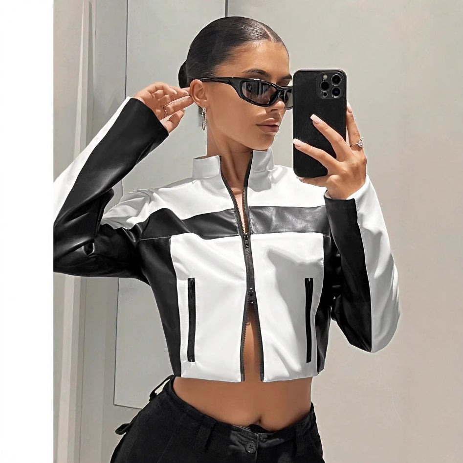 Veste Courte Simili Cuir Bicolore Noir & Blanc – Coupe Slim Zippée