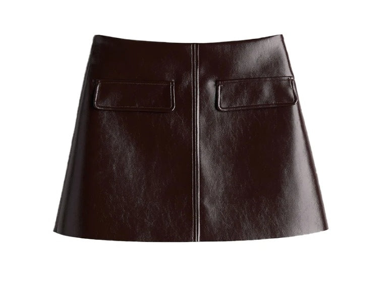 Ensemble 2 Pièces PU Cuir — Manteau Boutons Col Revers & Mini Jupe