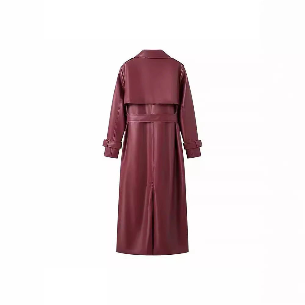 Long Trench PU Cuir Femme — Noir & Rouge Bordeaux