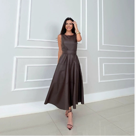 Robe Simili Cuir Sans Manches – Coupe Loose Fermeture Zip