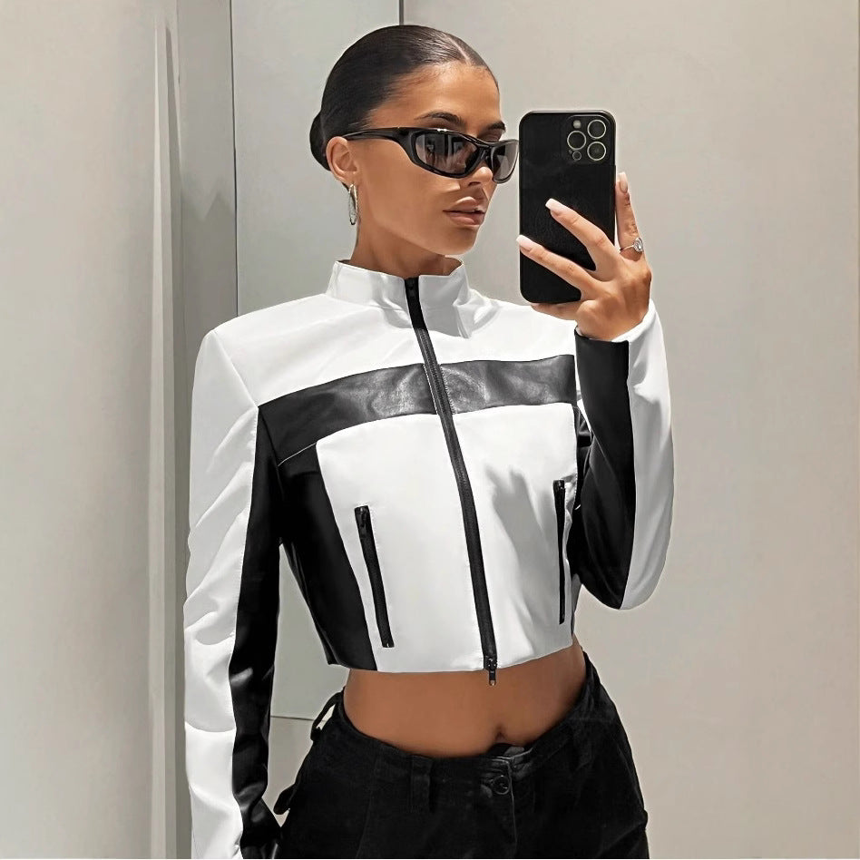 Veste Courte Simili Cuir Bicolore Noir & Blanc – Coupe Slim Zippée