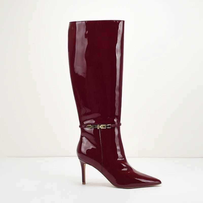 Cuissardes Cuir Verni — Boucle Ceinture & Talon Stiletto Imperméable