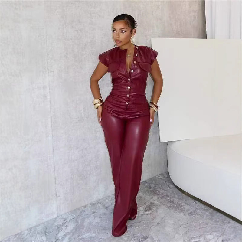 Combinaison Pantalon Sans Manches en Faux Cuir – Bordeaux