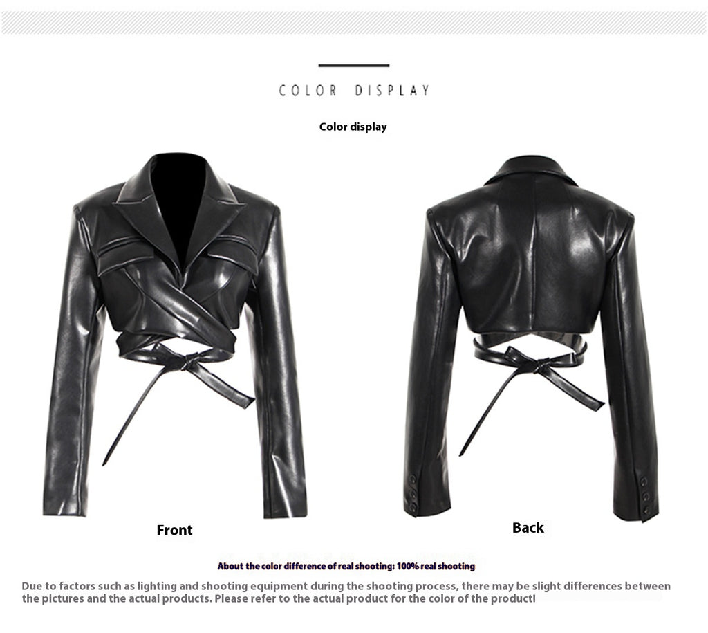 Manteau Court PU Cuir — Laçage Croisé & Ouverture Totale