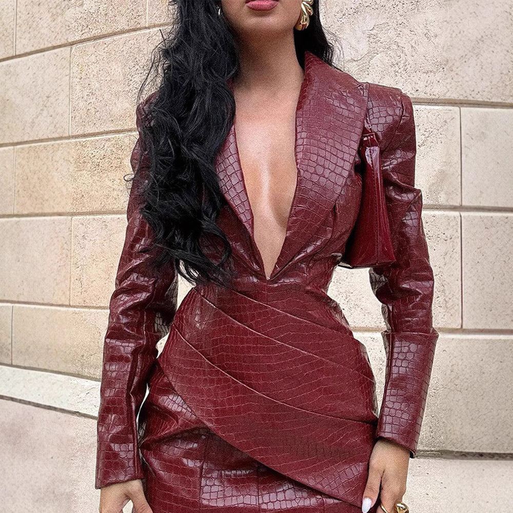Robe Simili Cuir Taille Haute Manches Longues – Coupe Moulante Sexy Femme
