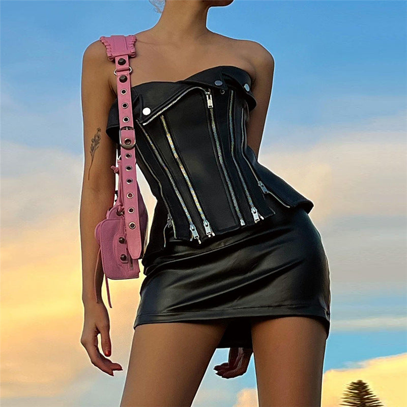Top Simili Cuir Une Épaule Slim – Décolleté Sexy Sans Manches Femme