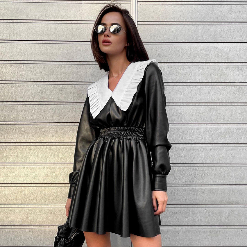 Robe Longue Manches Longues en Similicuir – Style Punk & Taille Haute