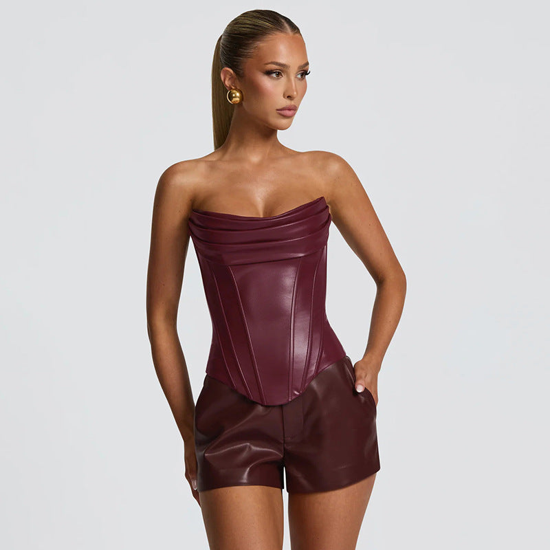 Top Corset PU Cuir Bretelles Arête de Poisson — Sans Manches
