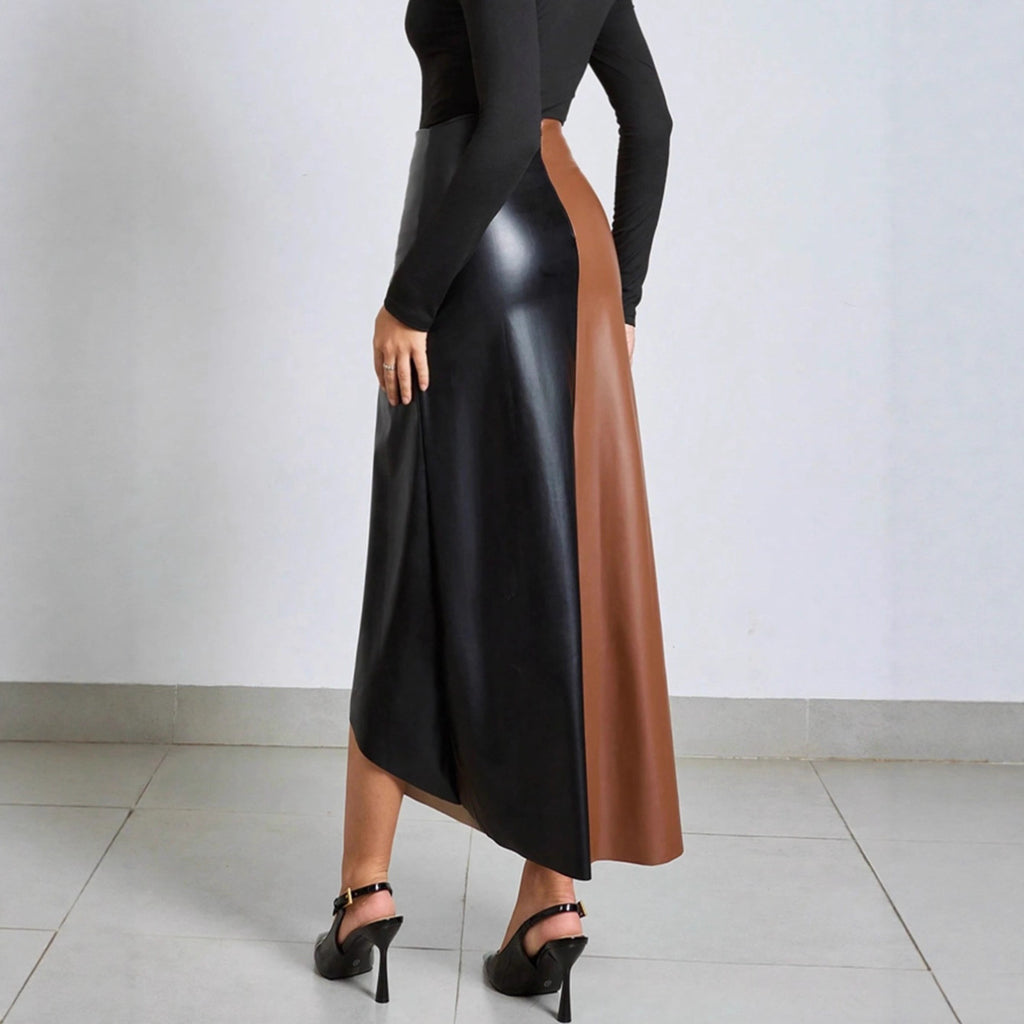 Jupe Midi Colorblock en Similicuir – Taille Haute & Fermeture Éclair