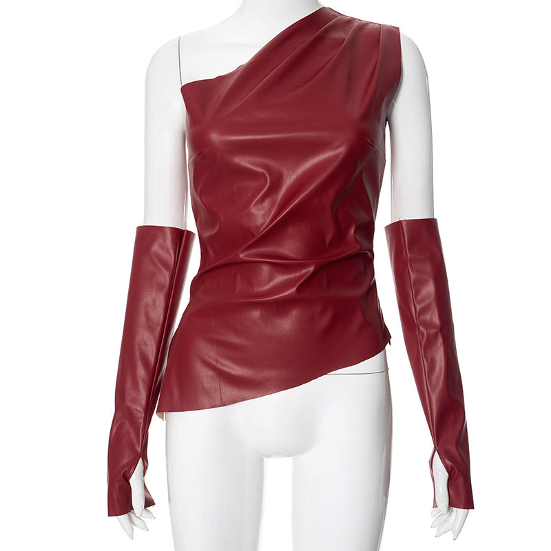 Top Asymétrique Sans Manches Effet Cuir – Épaule Dénudée Femme S-L