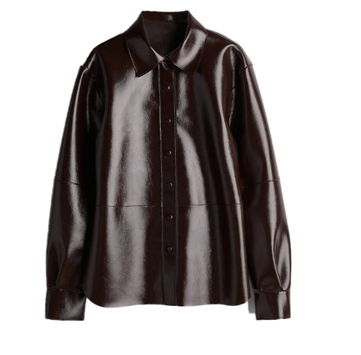 Ensemble 2 Pièces PU Cuir — Manteau Boutons Col Revers & Mini Jupe