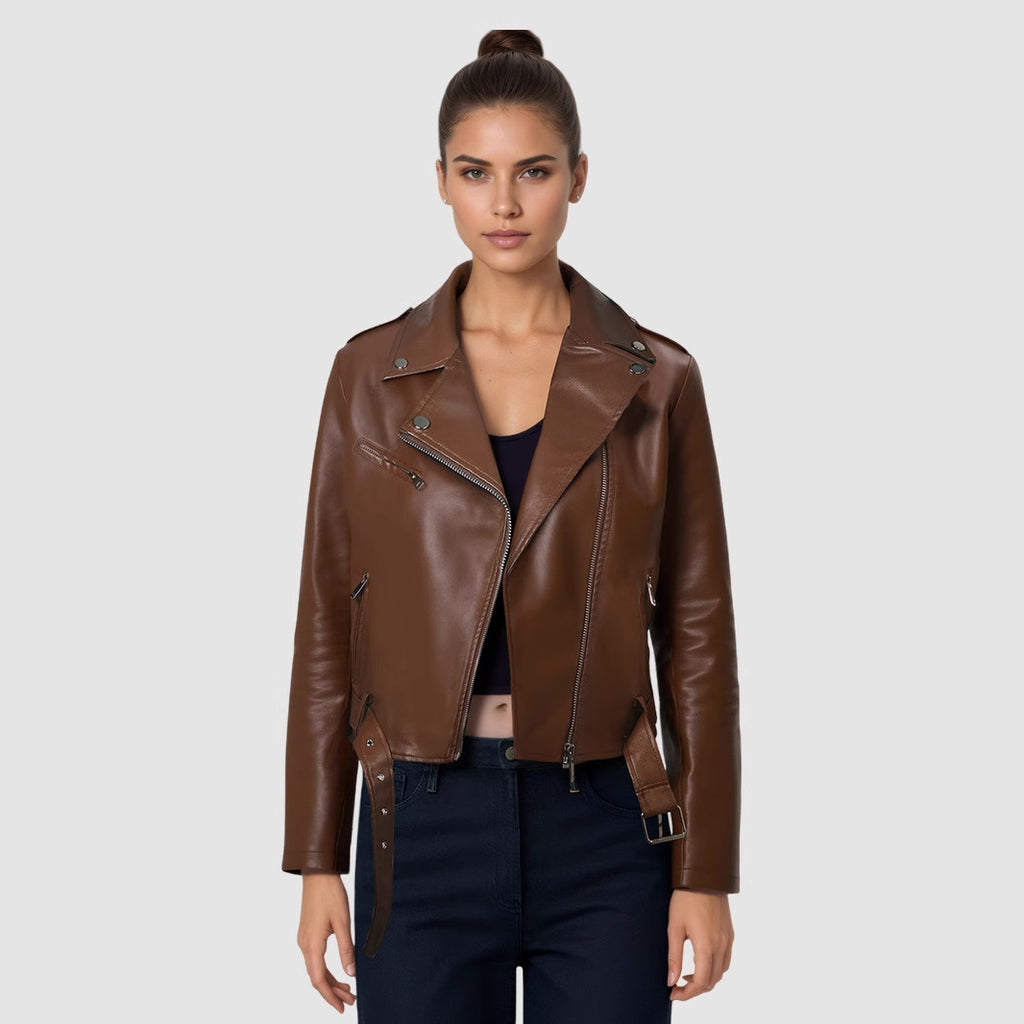 Veste Moto PU Cuir Courte — Ceinture & Col Revers Structuré